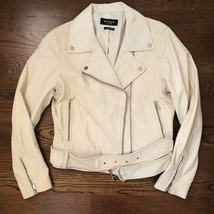 STRADIVARIUS Off-White Real Leather Moto Jacket